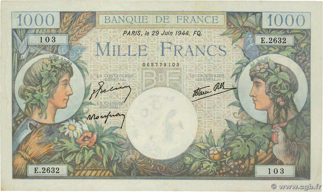 1000 Francs COMMERCE ET INDUSTRIE FRANKREICH  1944 F.39.09 VZ+