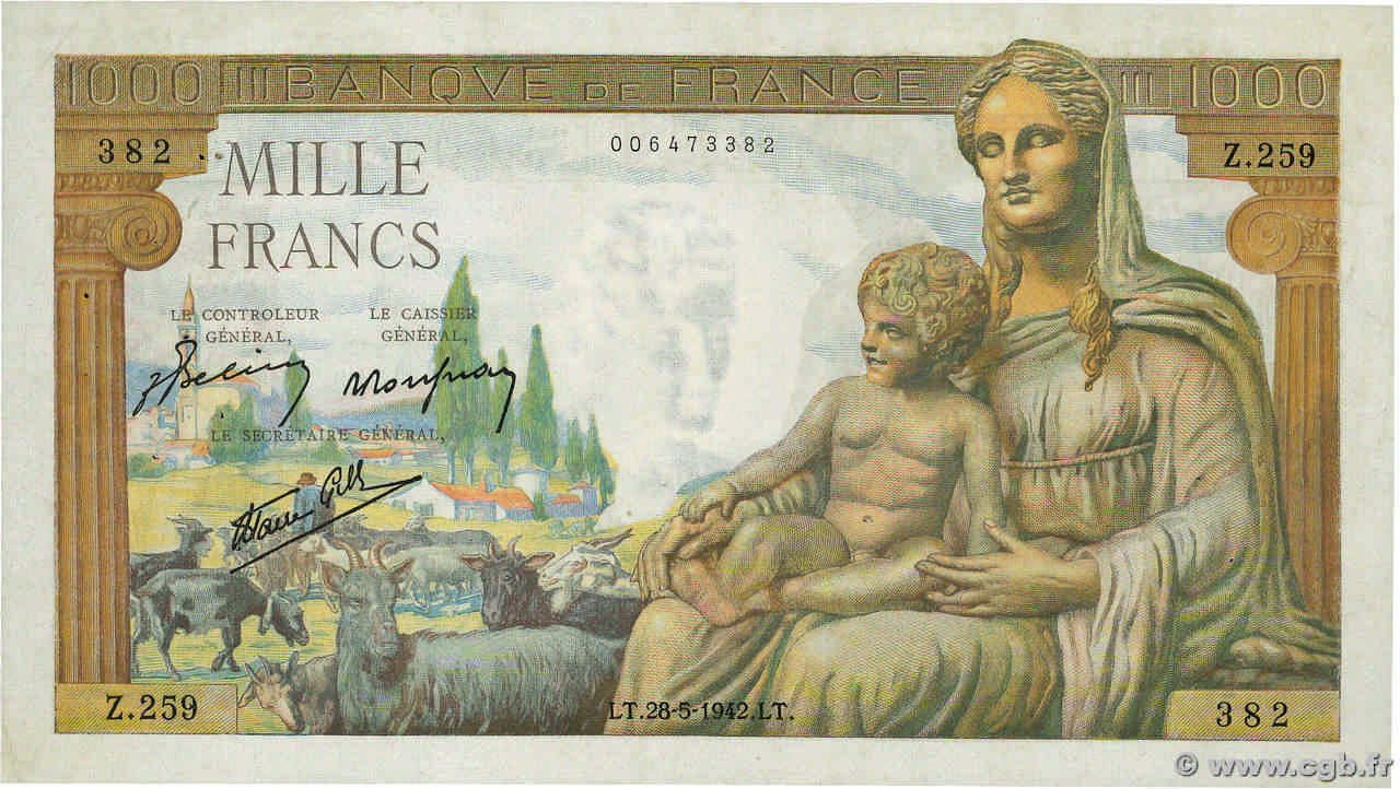 1000 Francs DÉESSE DÉMÉTER FRANKREICH  1942 F.40.01 fVZ