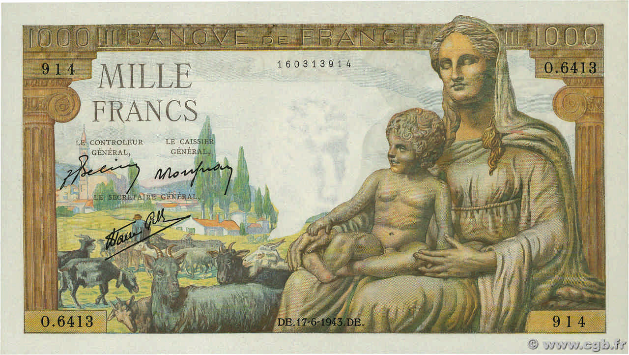 1000 Francs DÉESSE DÉMÉTER FRANKREICH  1943 F.40.27 ST