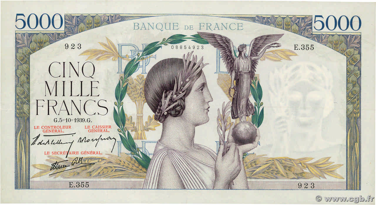 5000 Francs VICTOIRE Impression à plat FRANKREICH  1939 F.46.13 VZ