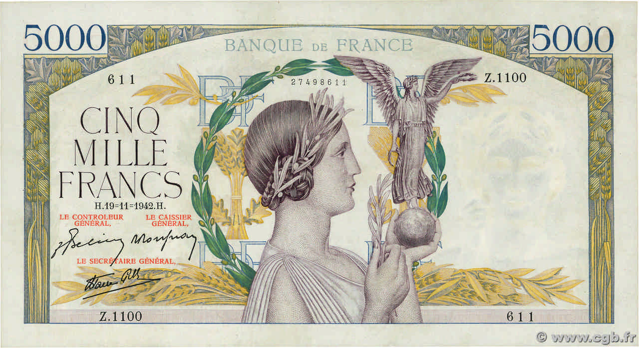 5000 Francs VICTOIRE Impression à plat FRANKREICH  1942 F.46.44 VZ+