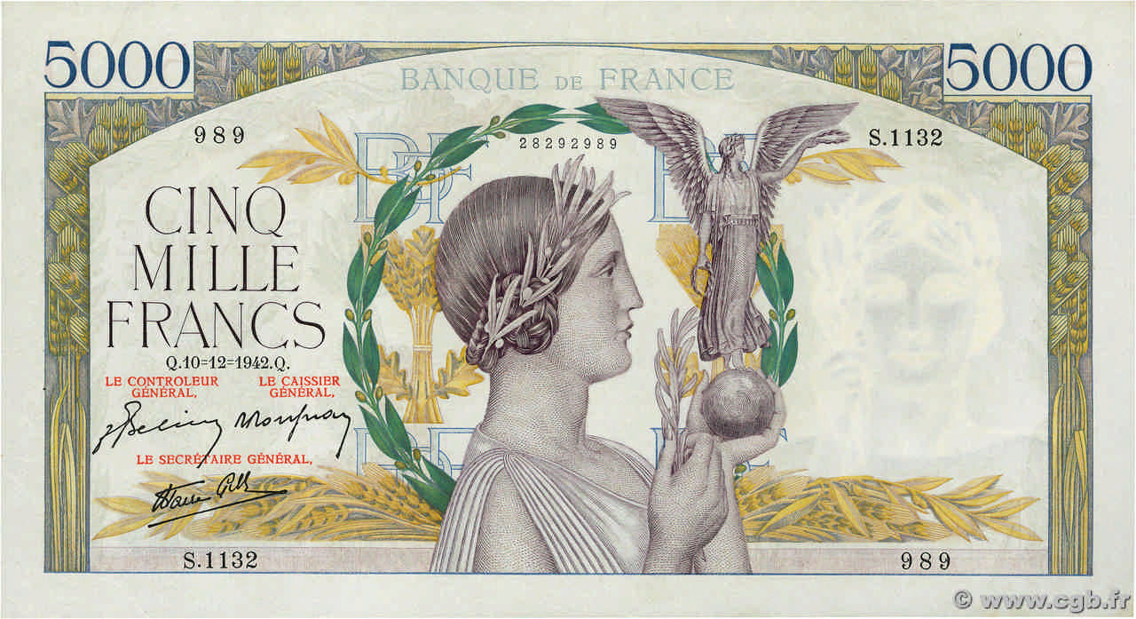 5000 Francs VICTOIRE Impression à plat FRANKREICH  1942 F.46.45 fST