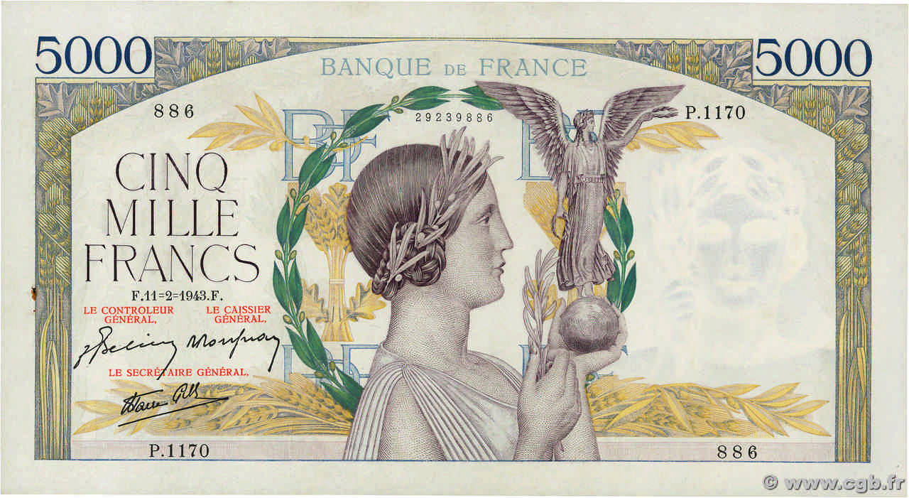 5000 Francs VICTOIRE Impression à plat FRANCE  1943 F.46.47 XF+