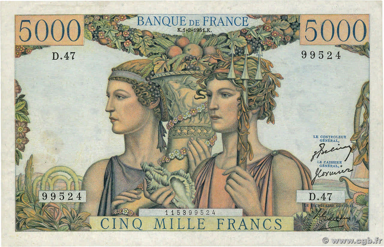 5000 Francs TERRE ET MER FRANKREICH  1951 F.48.03 SS
