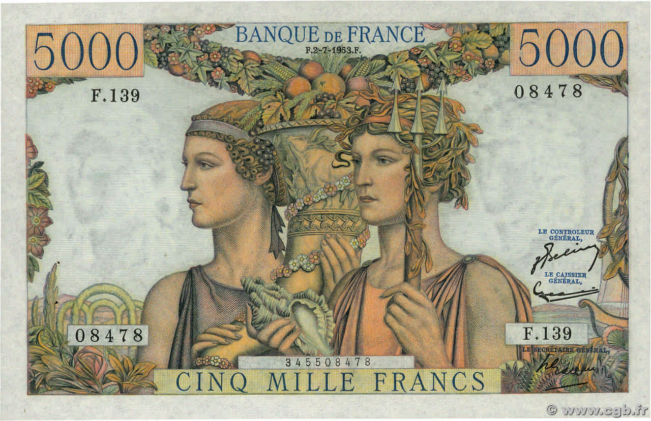 5000 Francs TERRE ET MER FRANCE  1953 F.48.09 AU-