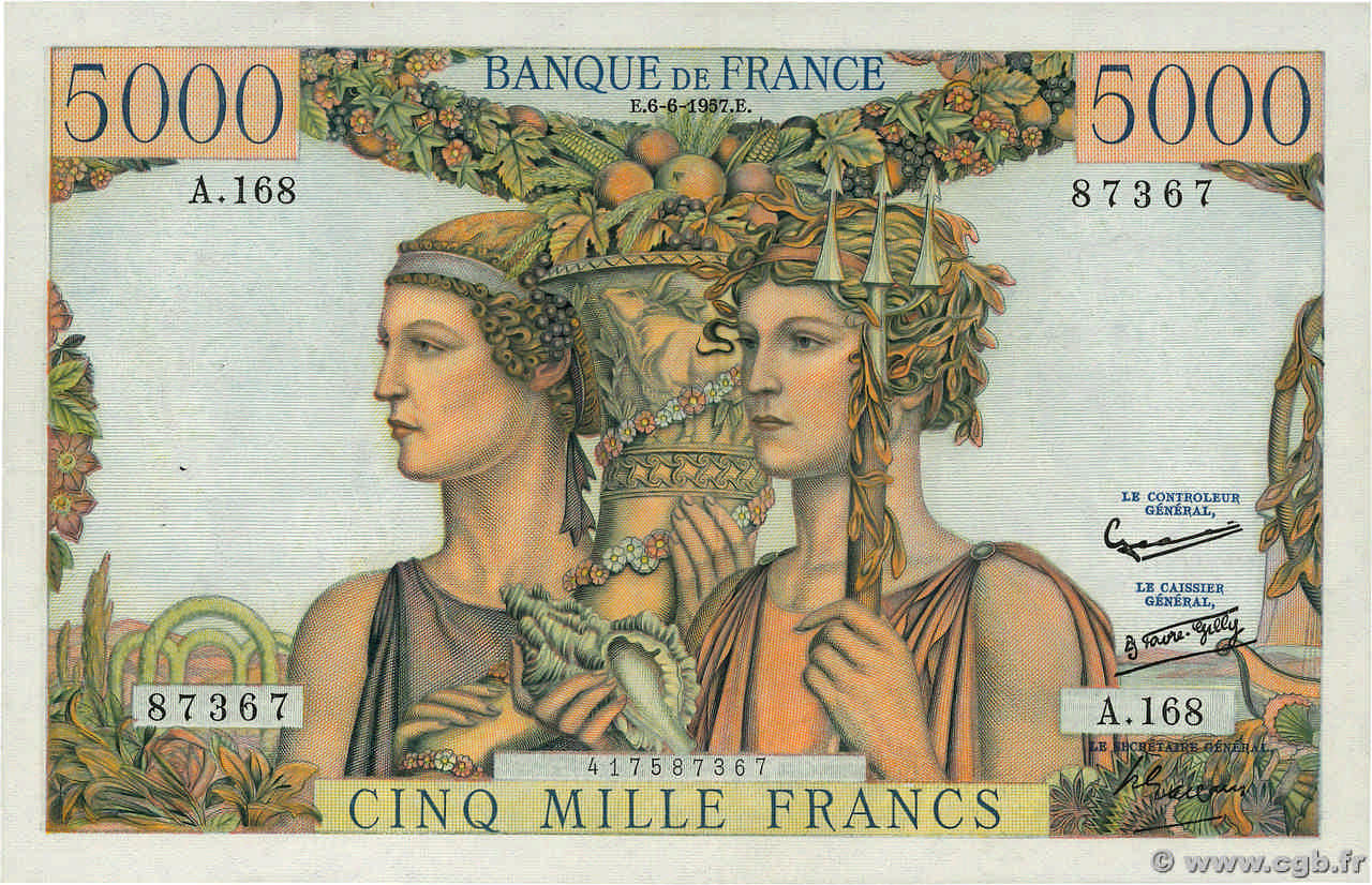 5000 Francs TERRE ET MER FRANCE  1957 F.48.15 XF