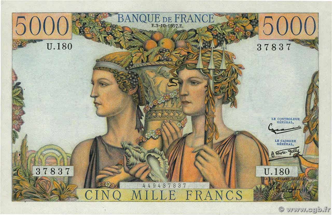 5000 Francs TERRE ET MER FRANKREICH  1957 F.48.17 fVZ