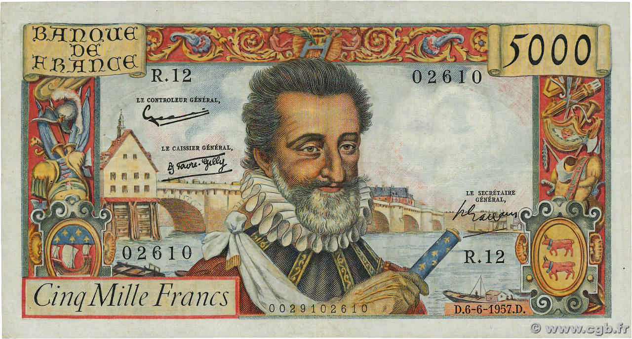 5000 Francs HENRI IV FRANCE  1957 F.49.02 VF