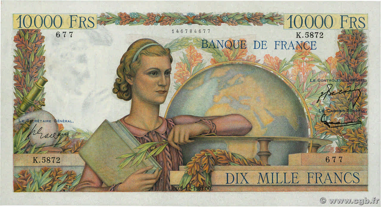 10000 Francs GÉNIE FRANÇAIS FRANCIA  1953 F.50.68 EBC