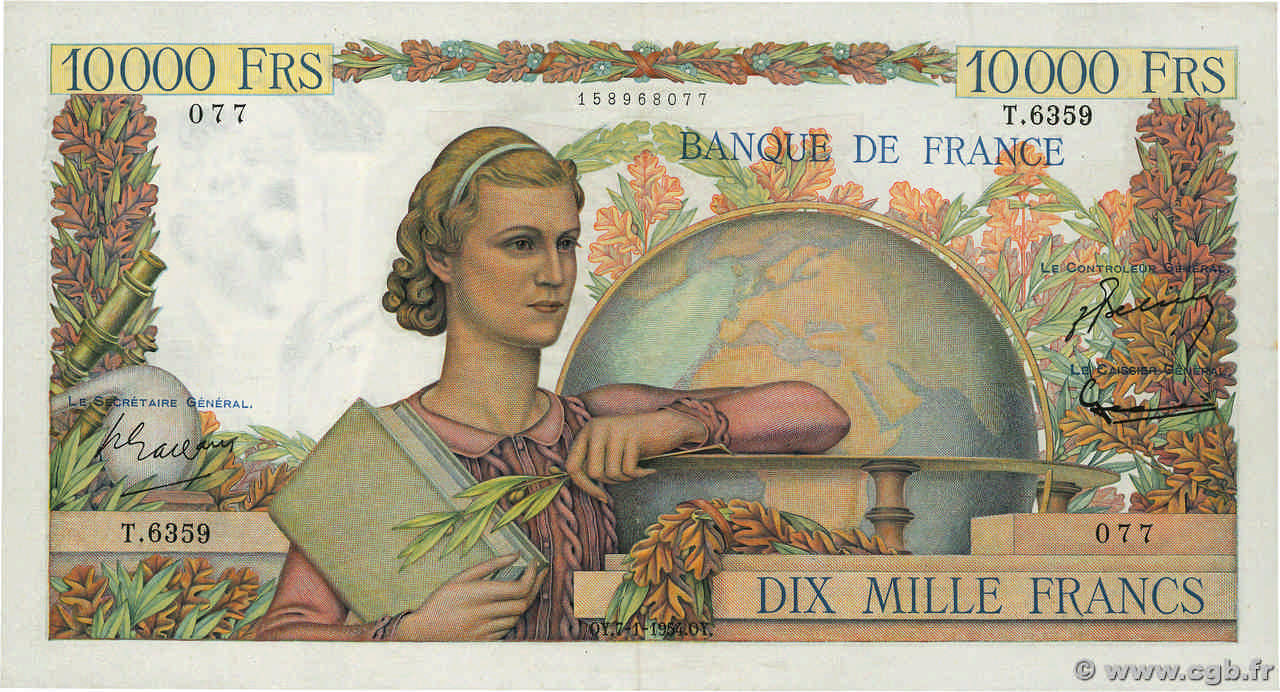 10000 Francs GÉNIE FRANÇAIS FRANCE  1954 F.50.69 XF+