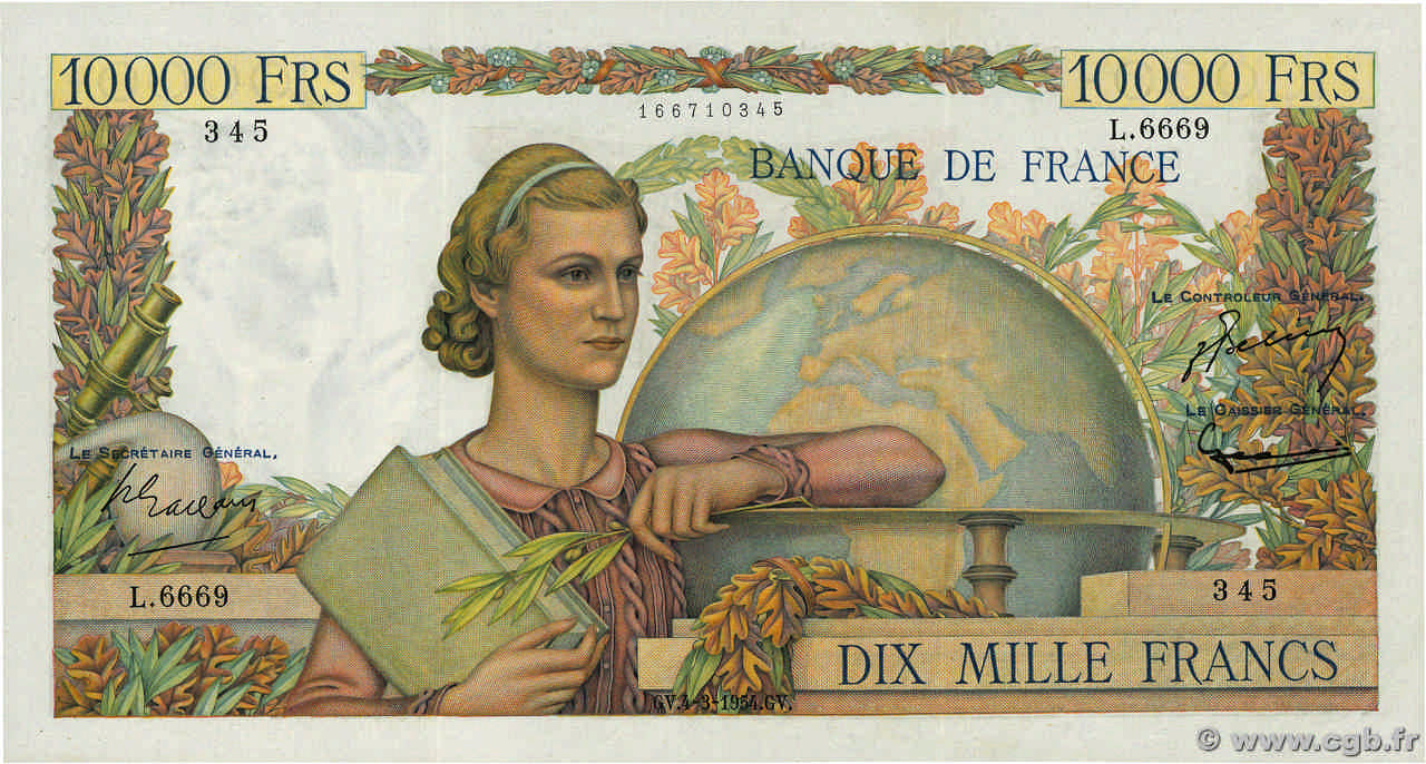 10000 Francs GÉNIE FRANÇAIS FRANCIA  1954 F.50.70 EBC