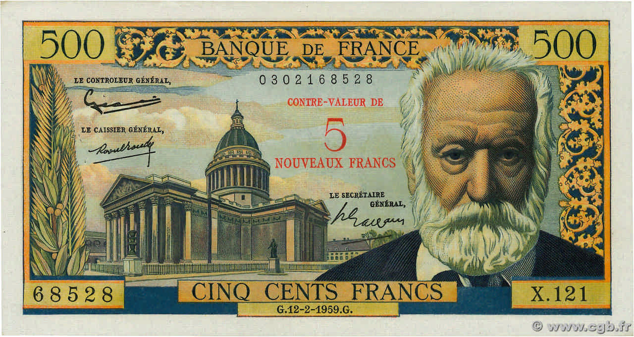 5 NF sur 500 Francs Victor HUGO FRANCE  1959 F.52.02 VF+