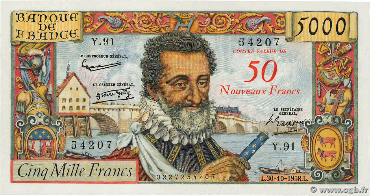 50 NF sur 5000 Francs HENRI IV FRANKREICH  1958 F.54.01 fST