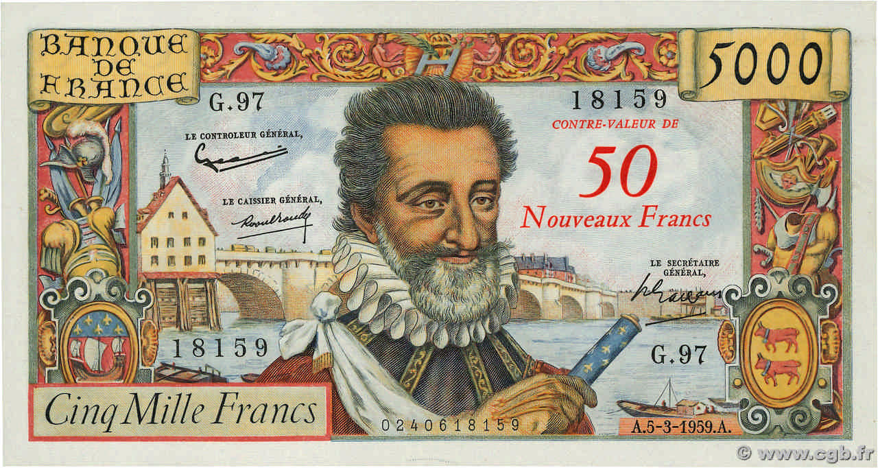 50 NF sur 5000 Francs HENRI IV FRANCE  1959 F.54.02 pr.SPL