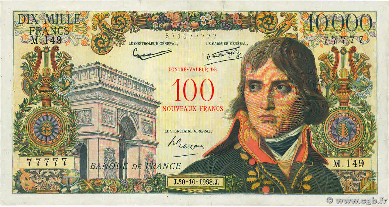 100 NF sur 10000 Francs BONAPARTE Numéro spécial FRANKREICH  1958 F.55.01 fVZ