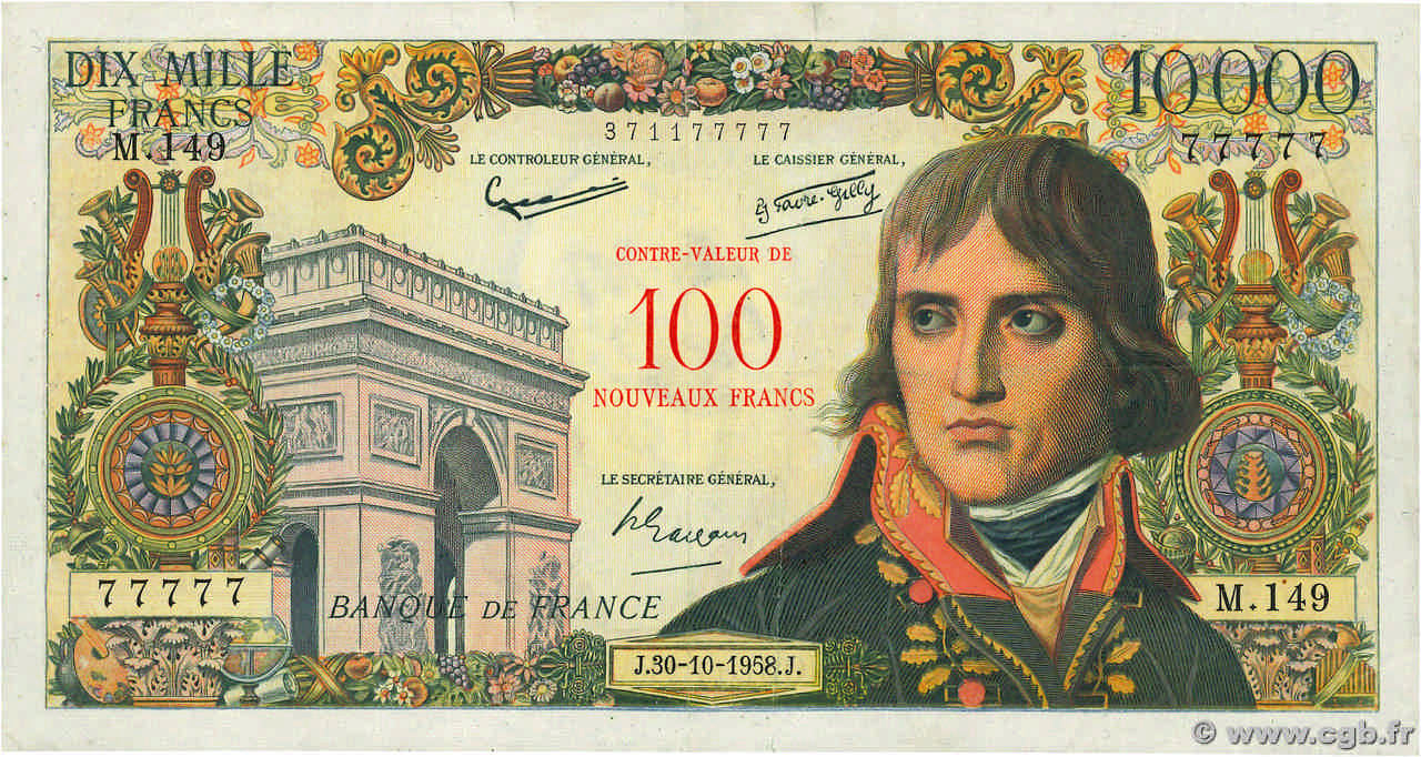 100 NF sur 10000 Francs BONAPARTE Numéro spécial FRANCE  1958 F.55.01 VF+