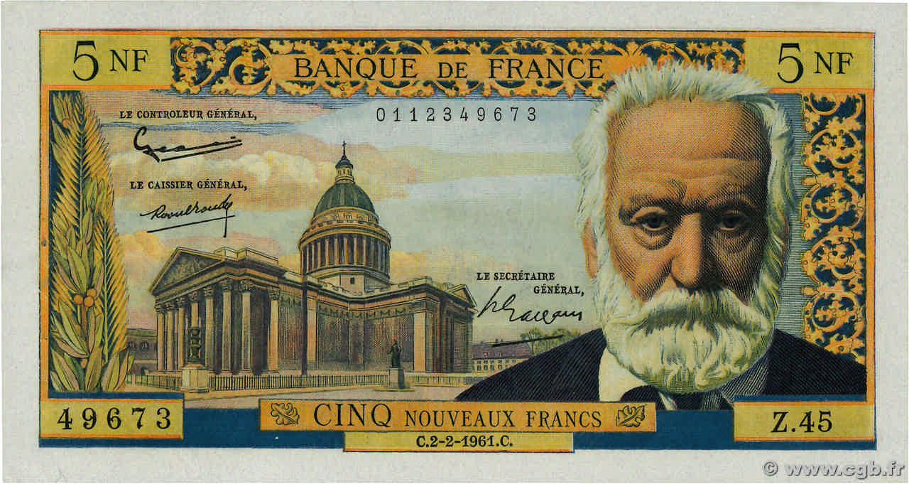 5 Nouveaux Francs VICTOR HUGO FRANCIA  1961 F.56.06 SC