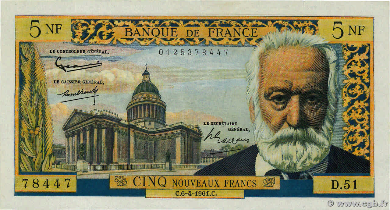 5 Nouveaux Francs VICTOR HUGO FRANCE  1961 F.56.07 SUP+