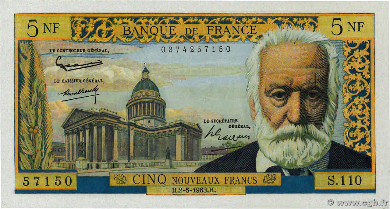 5 Nouveaux Francs VICTOR HUGO FRANKREICH  1963 F.56.14 fST+