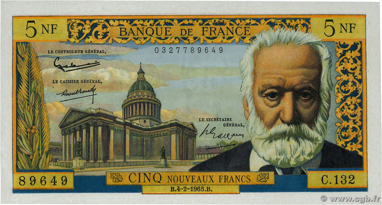 5 Nouveaux Francs VICTOR HUGO FRANKREICH  1965 F.56.17 VZ