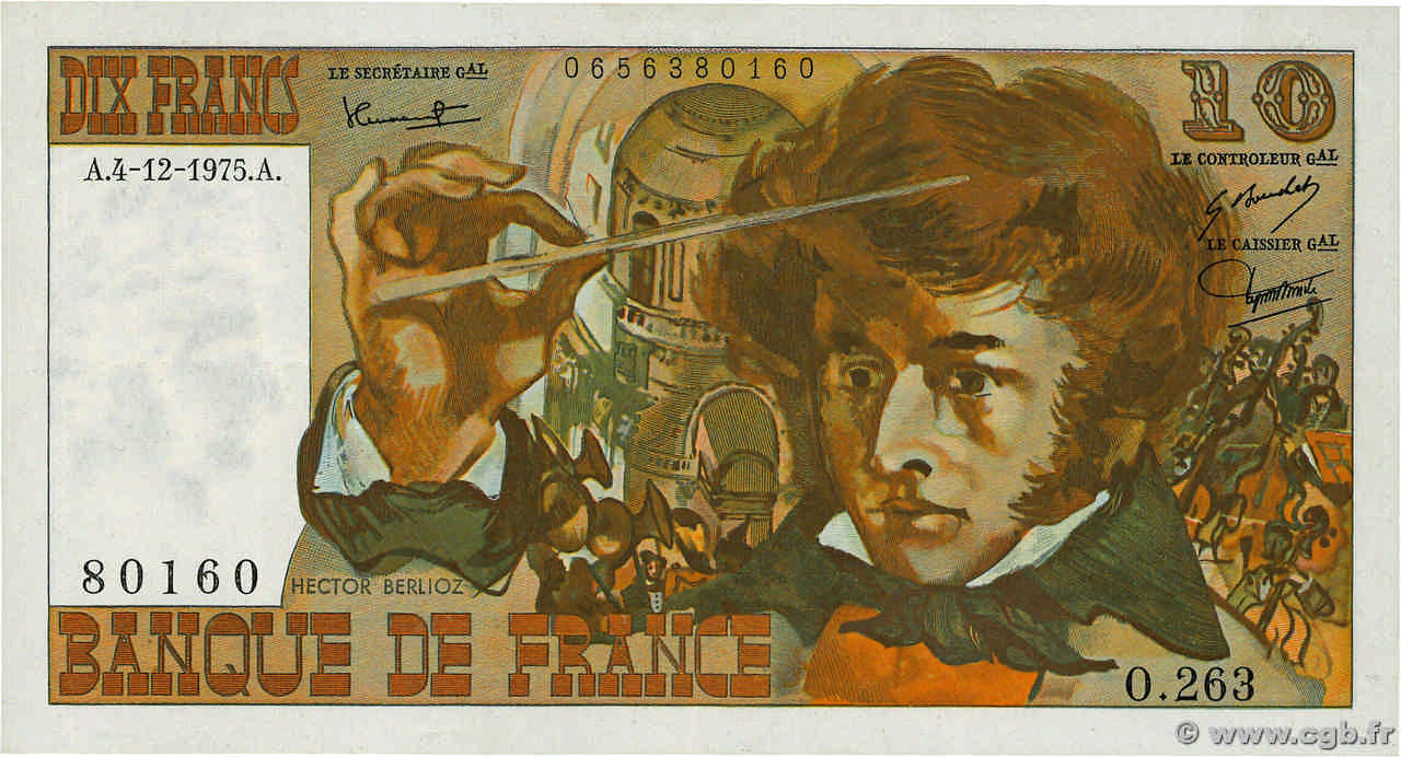 10 Francs BERLIOZ FRANCE  1975 F.63.15 XF