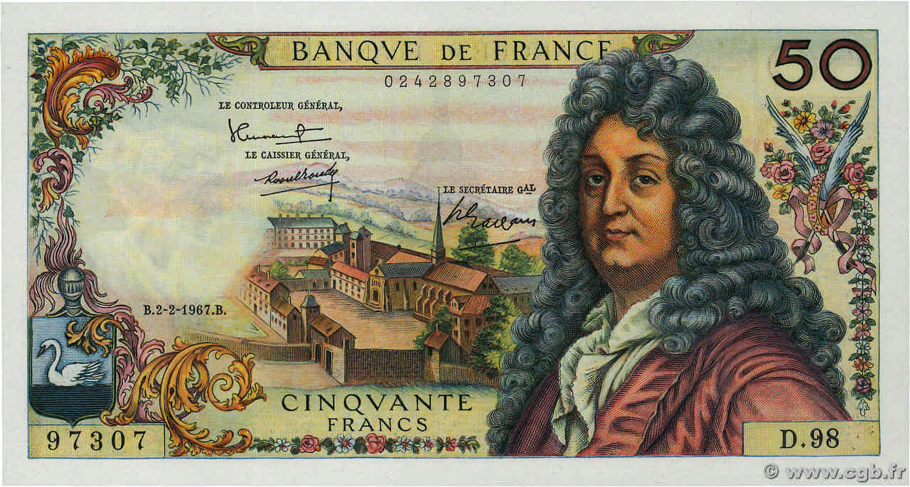 50 Francs RACINE FRANCIA  1967 F.64.09 FDC