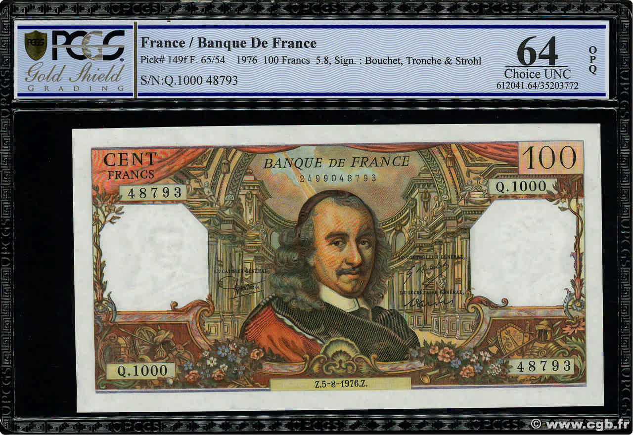 100 Francs CORNEILLE FRANKREICH  1976 F.65.54 fST+