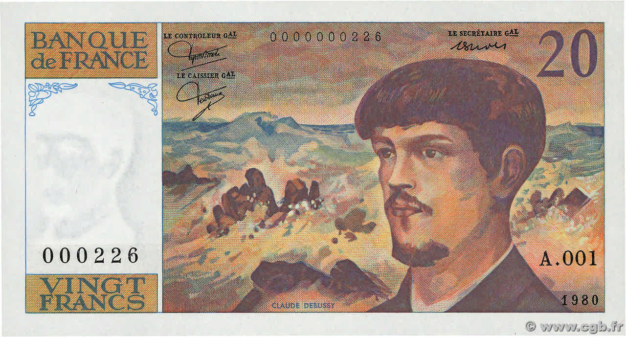 20 Francs DEBUSSY Petit numéro FRANCE  1980 F.66.01A1 NEUF