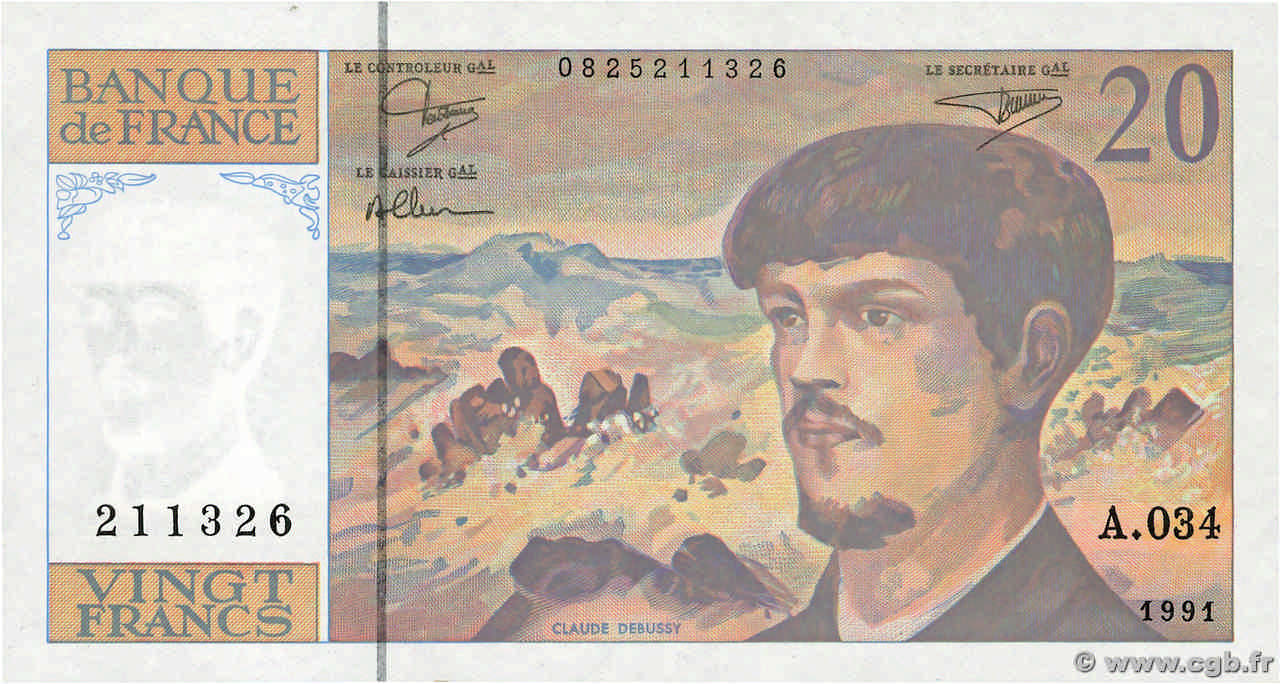 20 Francs DEBUSSY à fil de sécurité FRANCIA  1991 F.66bis.02A34 FDC