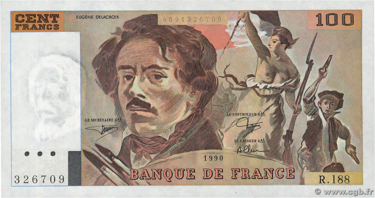 100 Francs DELACROIX imprimé en continu Fauté FRANCE  1990 F.69bis.02e1 NEUF