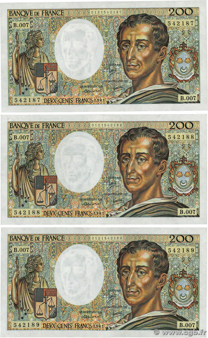 200 Francs MONTESQUIEU Consécutifs FRANCIA  1981 F.70.01 EBC+