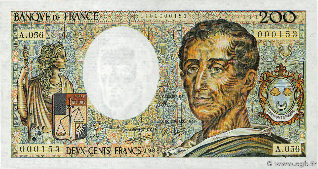 200 Francs MONTESQUIEU Petit numéro FRANCE  1988 F.70.08A56 UNC