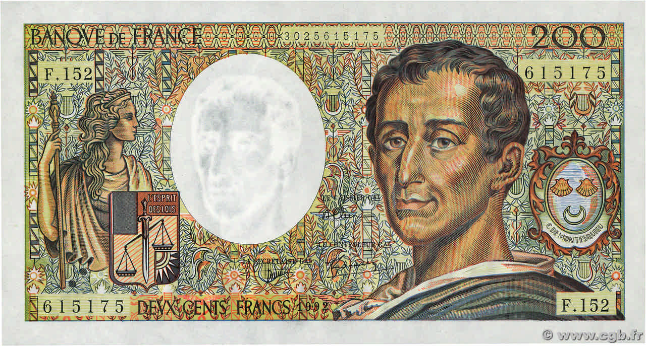 200 Francs MONTESQUIEU Fauté FRANCE  1992 F.70.12c NEUF