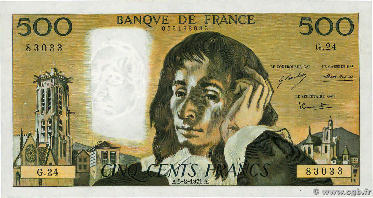 500 Francs PASCAL FRANKREICH  1971 F.71.06 fST