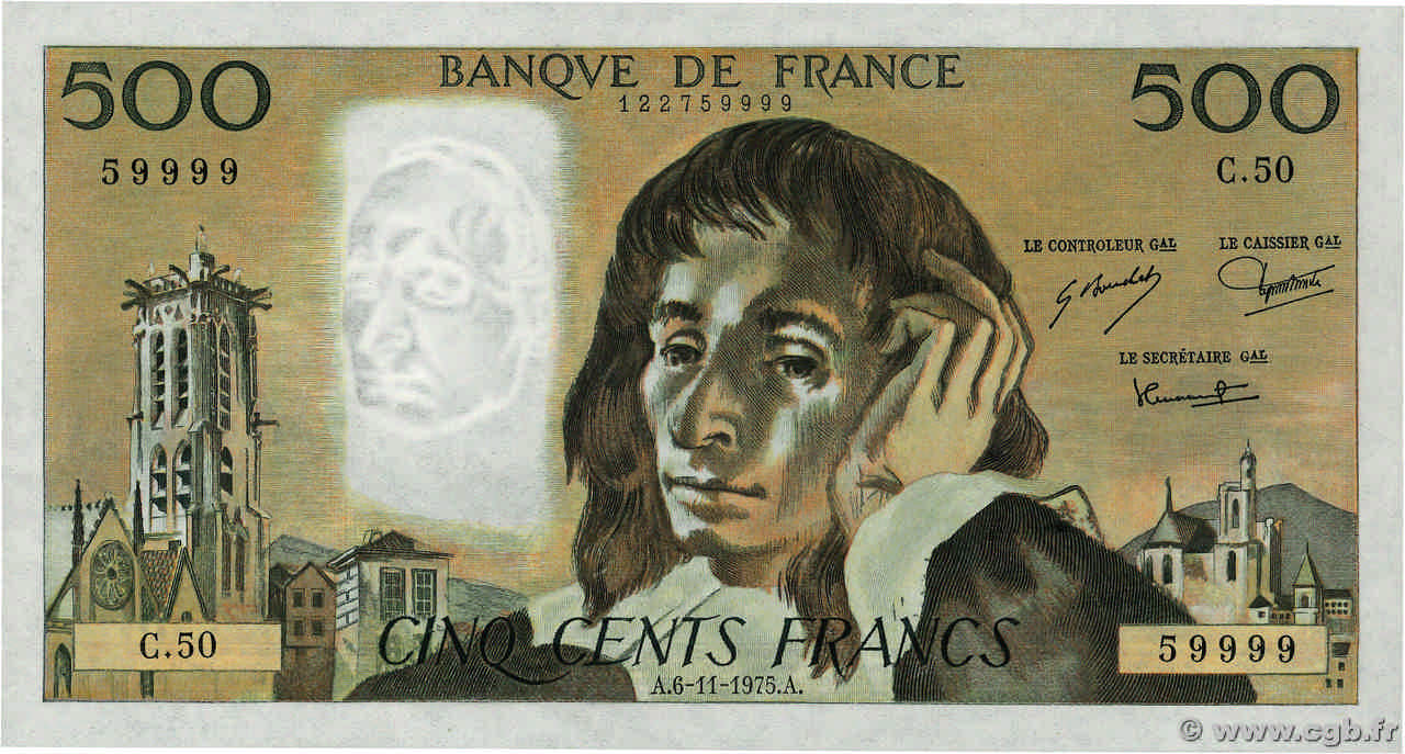 500 Francs PASCAL Numéro spécial FRANCE  1975 F.71.13 NEUF