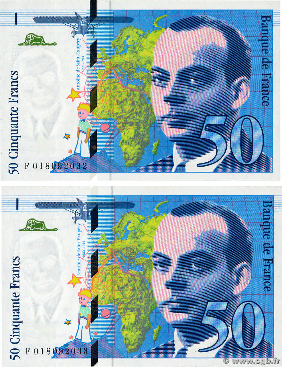 50 Francs SAINT-EXUPÉRY modifié Consécutifs FRANCIA  1994 F.73.01b FDC