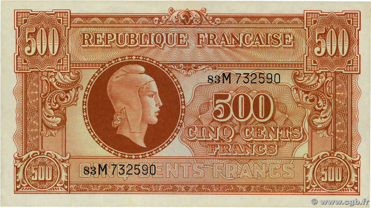 500 Francs MARIANNE fabrication anglaise FRANKREICH  1945 VF.11.02 fST+