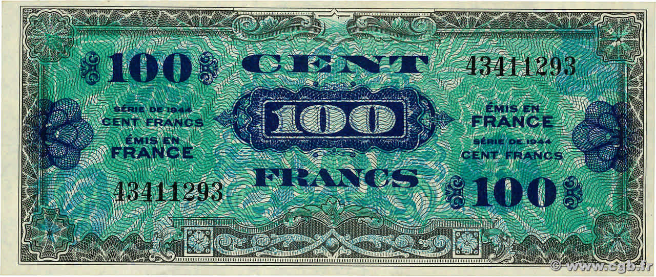 100 Francs DRAPEAU FRANKREICH  1944 VF.20.01 fST+