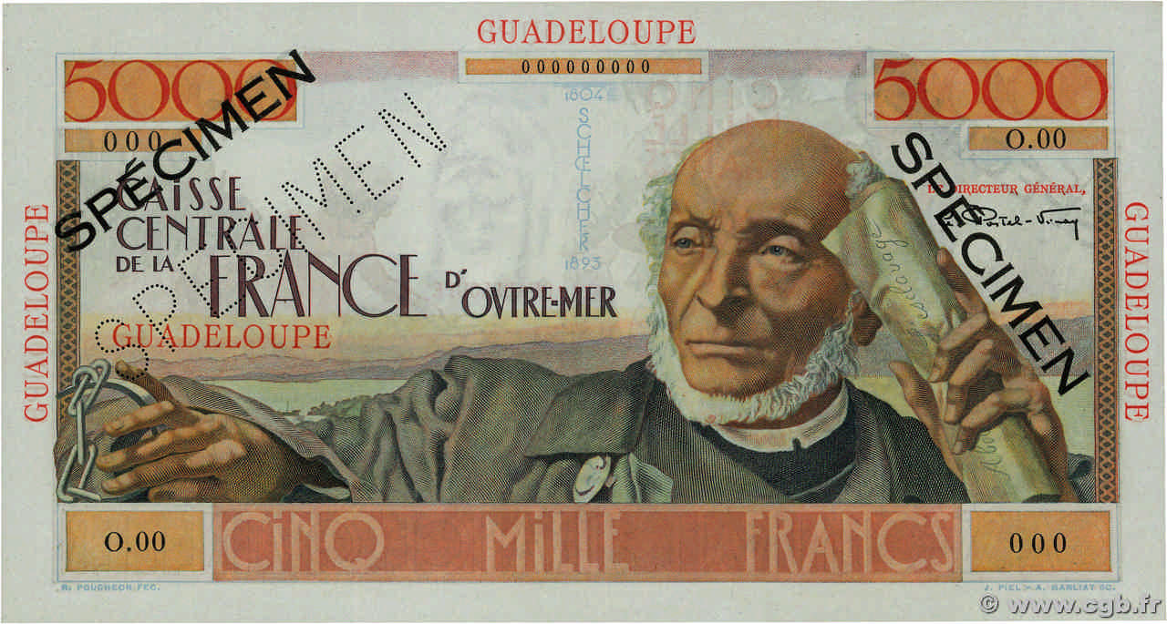 5000 Francs Schoelcher Spécimen GUADELOUPE  1952 P.38s fST+