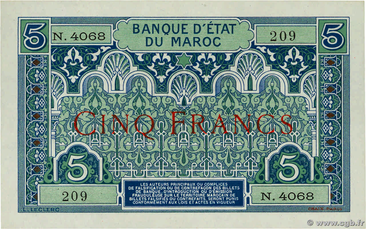 5 Francs MOROCCO  1924 P.09 XF+