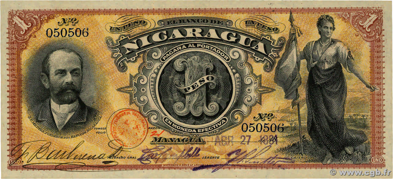 1 peso NICARAGUA  1891 PS.122a SC