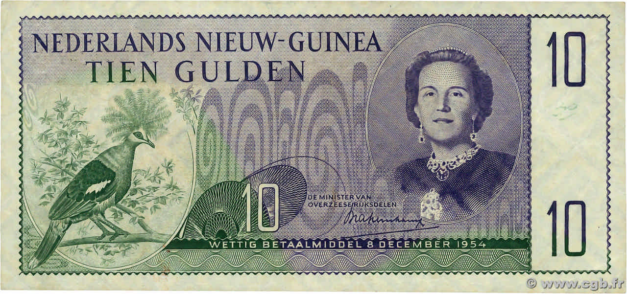 10 Gulden NETHERLANDS NEW GUINEA  1954 P.14a MBC+