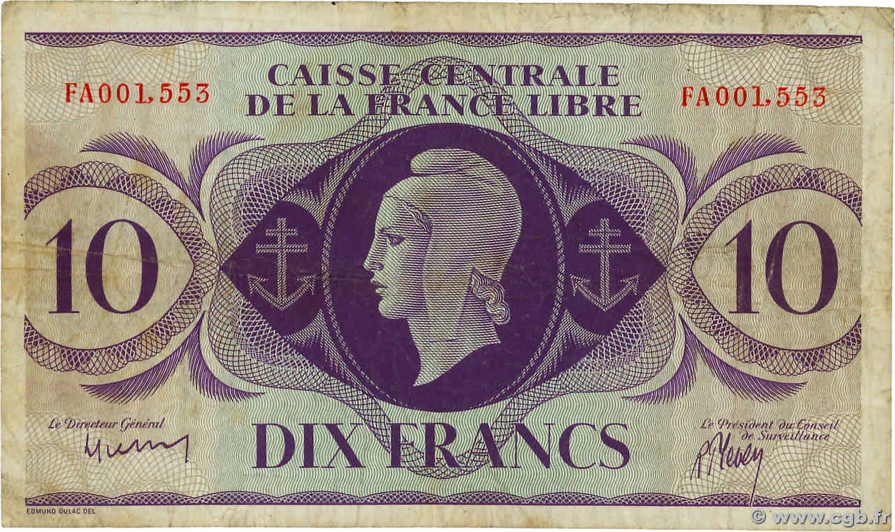 10 Francs SAINT PIERRE ET MIQUELON  1943 P.11 TB+