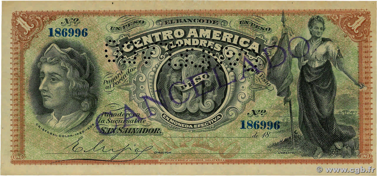 1 Peso Annulé EL SALVADOR  1895 PS.131 fST+
