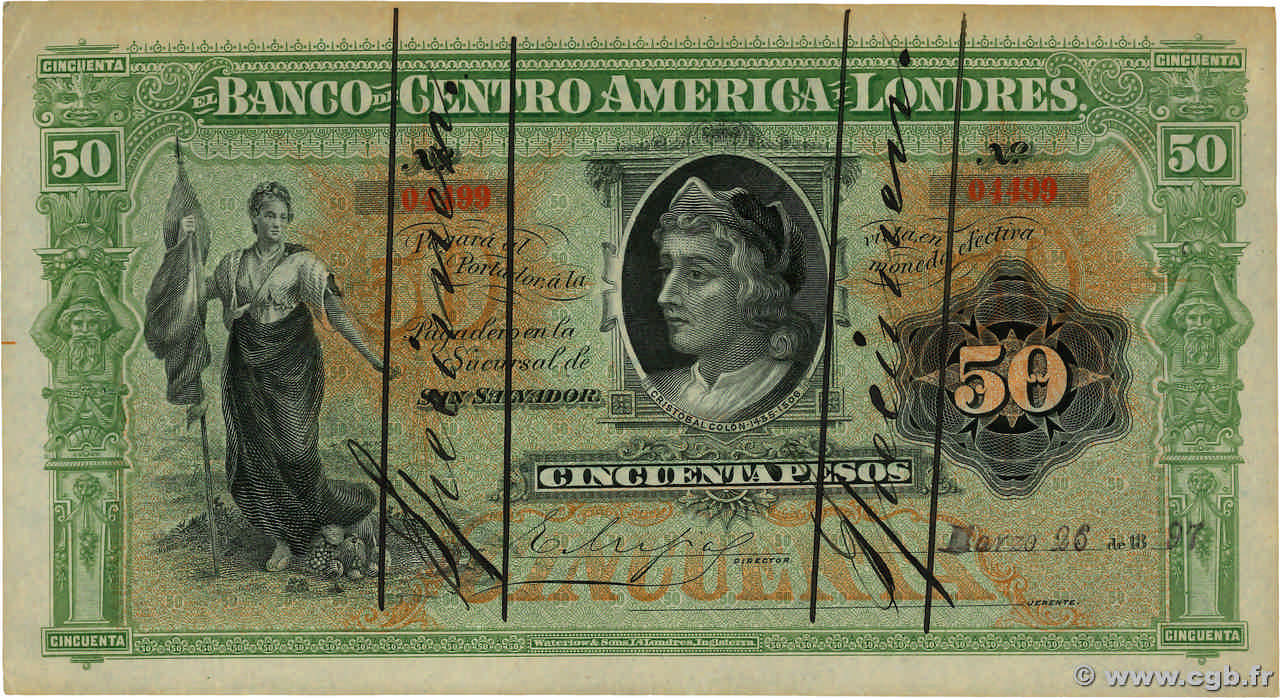 50 Pesos Spécimen EL SALVADOR  1897 PS.134s VF+