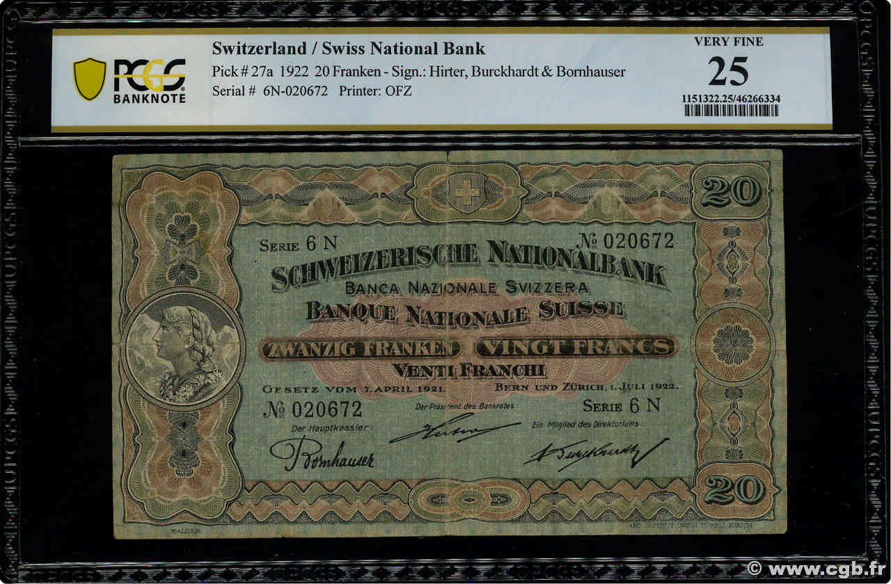 20 Francs SWITZERLAND  1922 P.27a VF