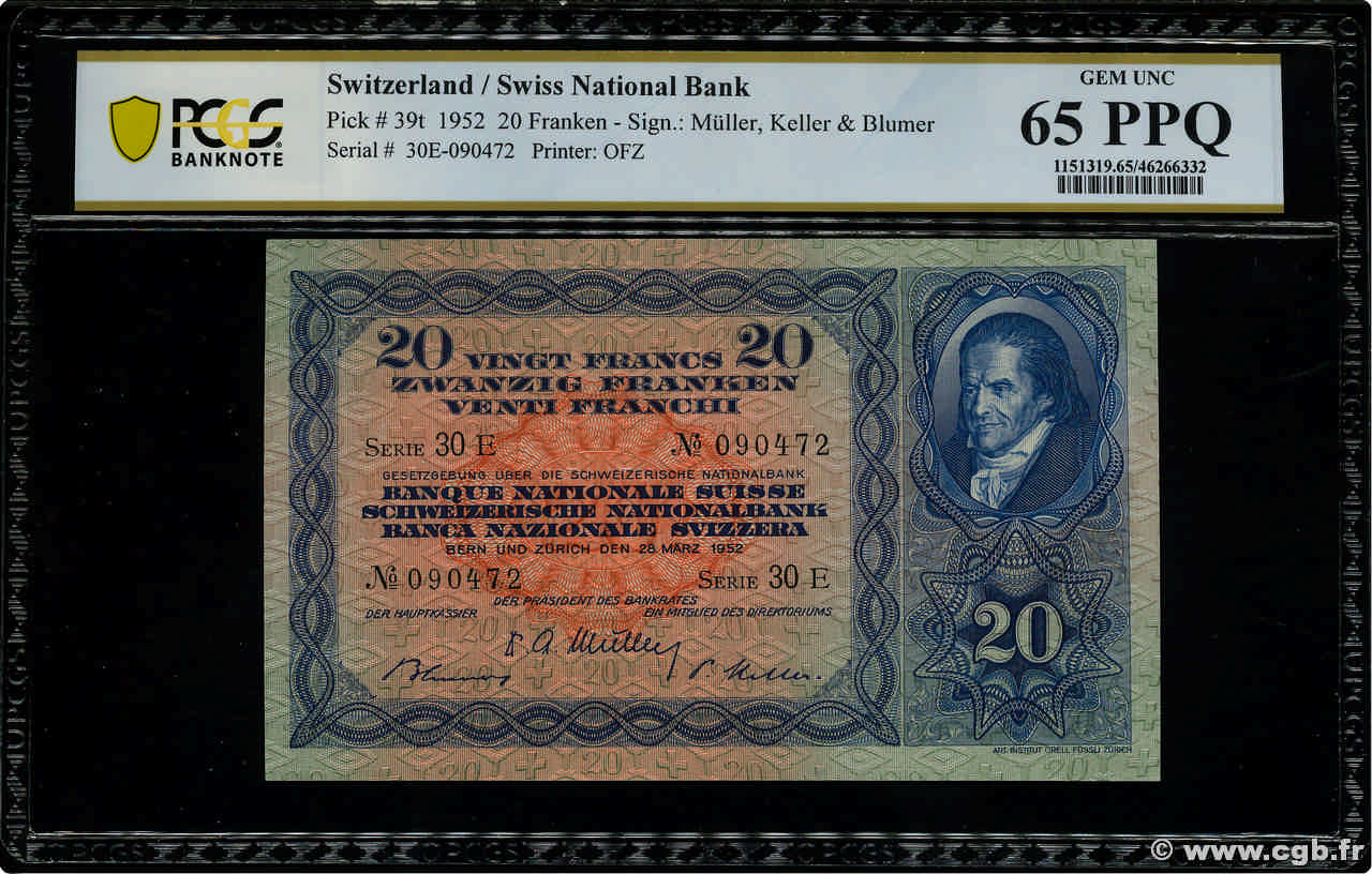 20 Francs SWITZERLAND  1952 P.39t UNC