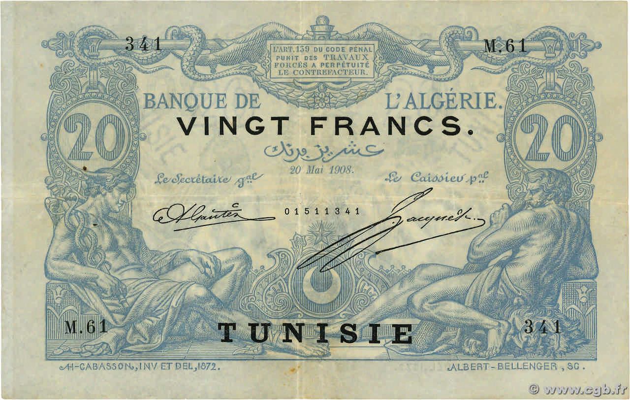20 Francs TUNISIA  1908 P.02a VF