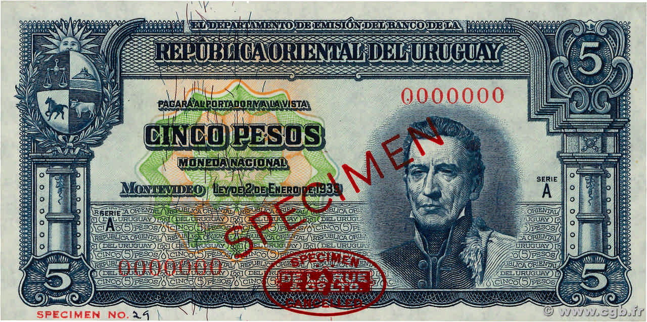 5 Pesos Spécimen URUGUAY  1939 P.036as ST