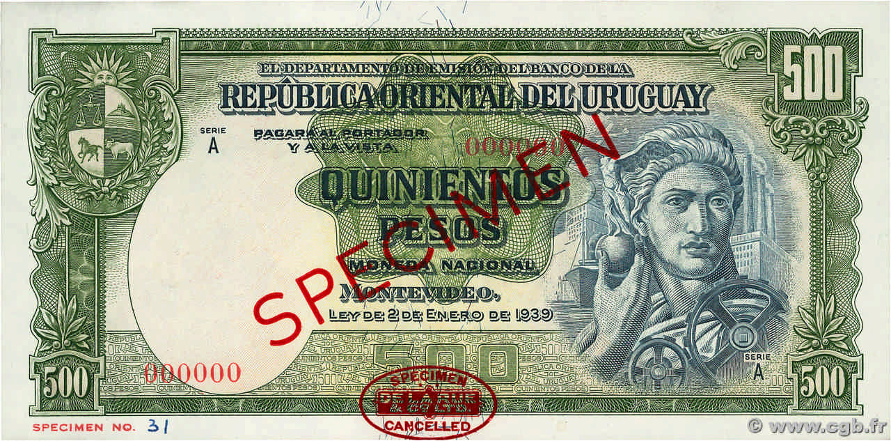 500 Pesos Spécimen URUGUAY  1939 P.040as pr.NEUF